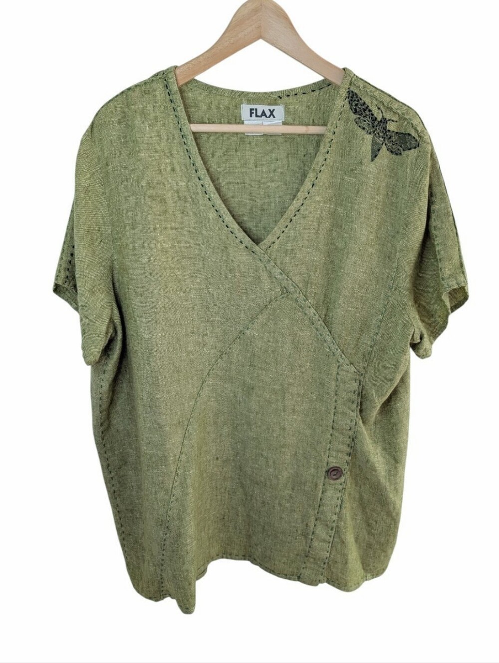 Flax Green Embroidered V-neck Top Large